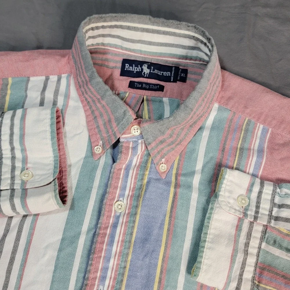 Polo Ralph Lauren Men's XL Multicolor Pastel Striped Oxford Blue Pony Button